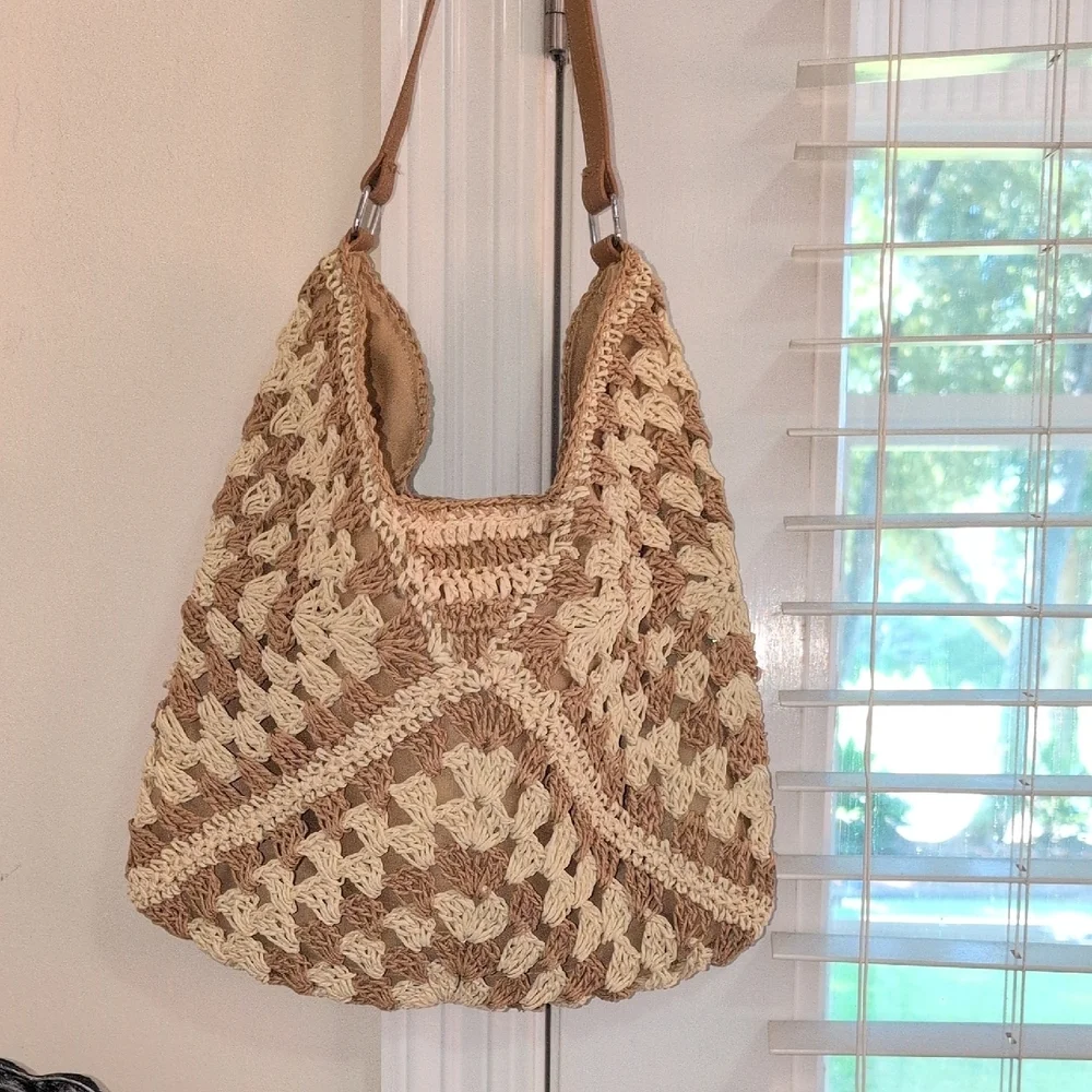 Tan and Cream Woven Hobo Bag